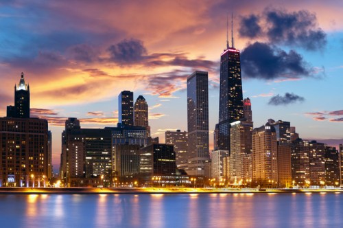 Chicago's skyline at sunset