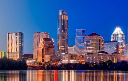 View of Austin Skyline via Park at Crestview Apartments