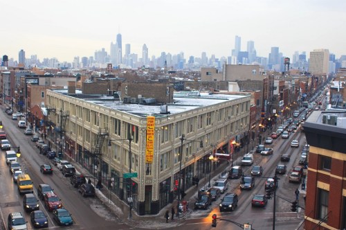 View of the Flatiron Arts Building in Wicker Park from the Coyote Tower
