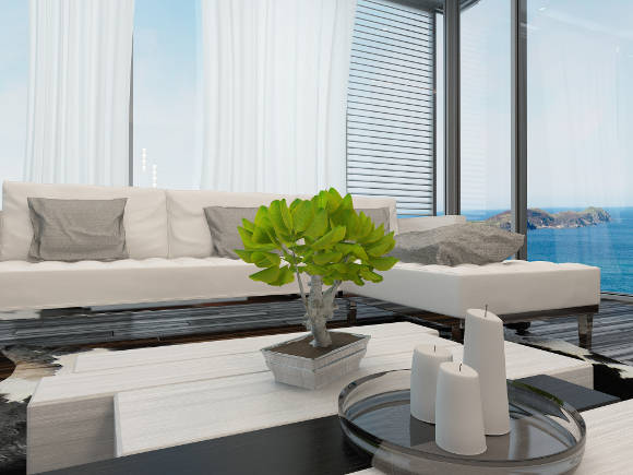 Window treatment - modern blinds and fabric curtains