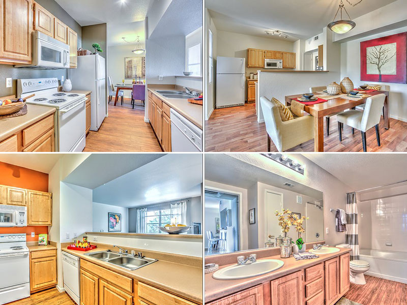 Kitchen and bathroom design at Copper Creek Apartments in Las Vegas. Images via RentCafe. 