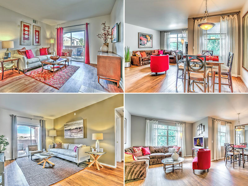 Living room design at Copper Creek Apartments in Las Vegas. Images via RentCafe. 