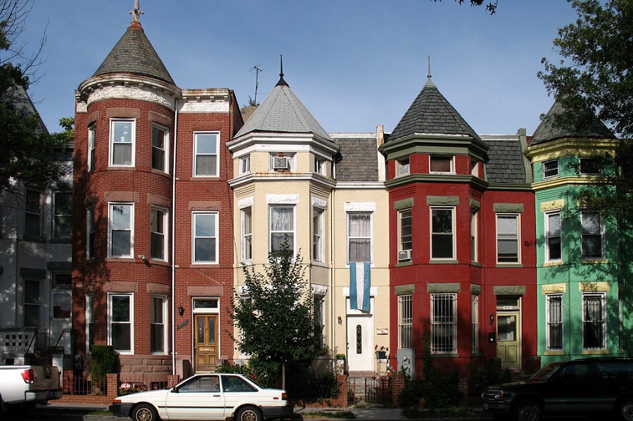 Colorful rowhouses on 11th Street NW in the Columbia Heights neighborhood of Washington DC