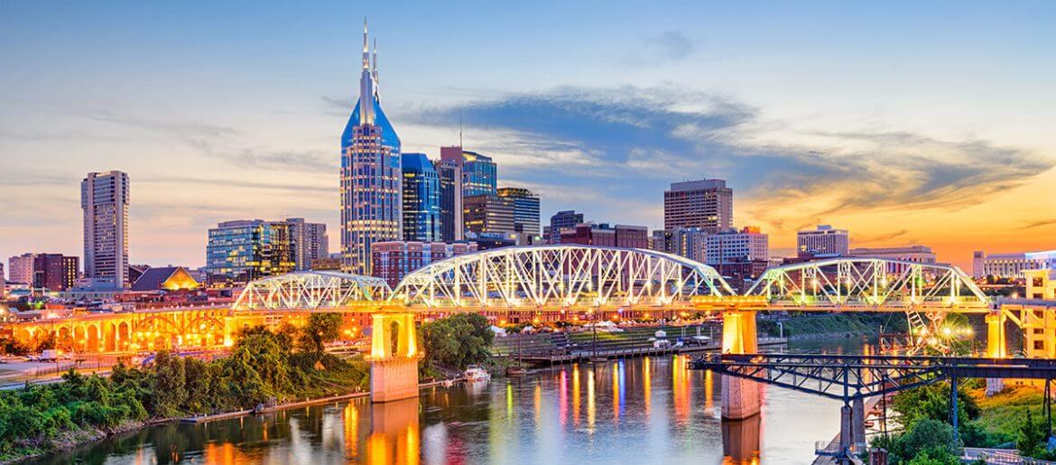 Nashville skyline with river and bridge