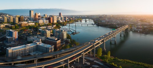 An aerial shot of Portland at dusk.
