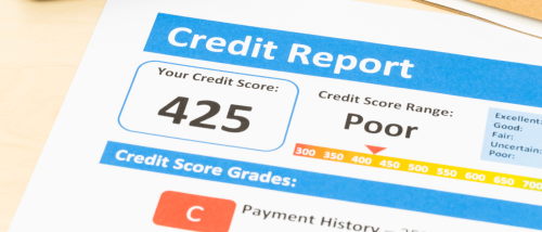 Close-up of a credit report showing a poor credit score — illustrating financial challenges renters face when searching for bad credit apartments.
