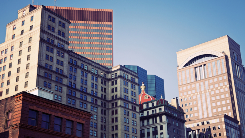 A dynamic shot of old office buildings in Downtown Pittsburgh on a sunny day. 
