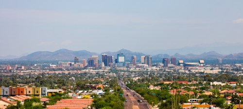 Overhead view of the Phoenix skyline, with the city's CBD and prime Phoenix office space in the background