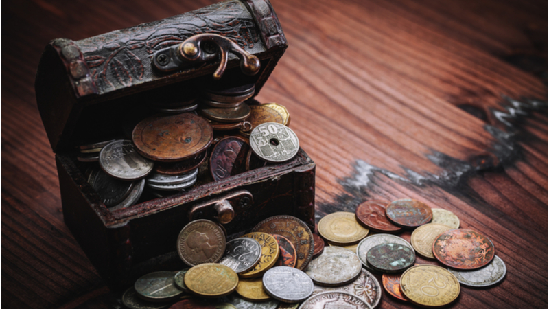 ancient coins in a chest