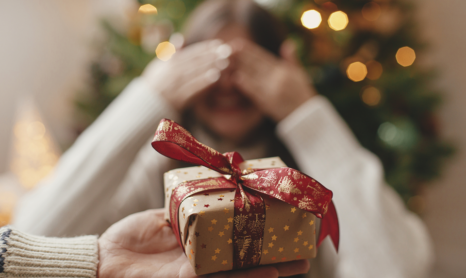 child surprised with christmas gift