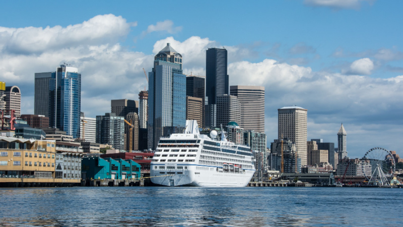 Ship by Seattle skyline