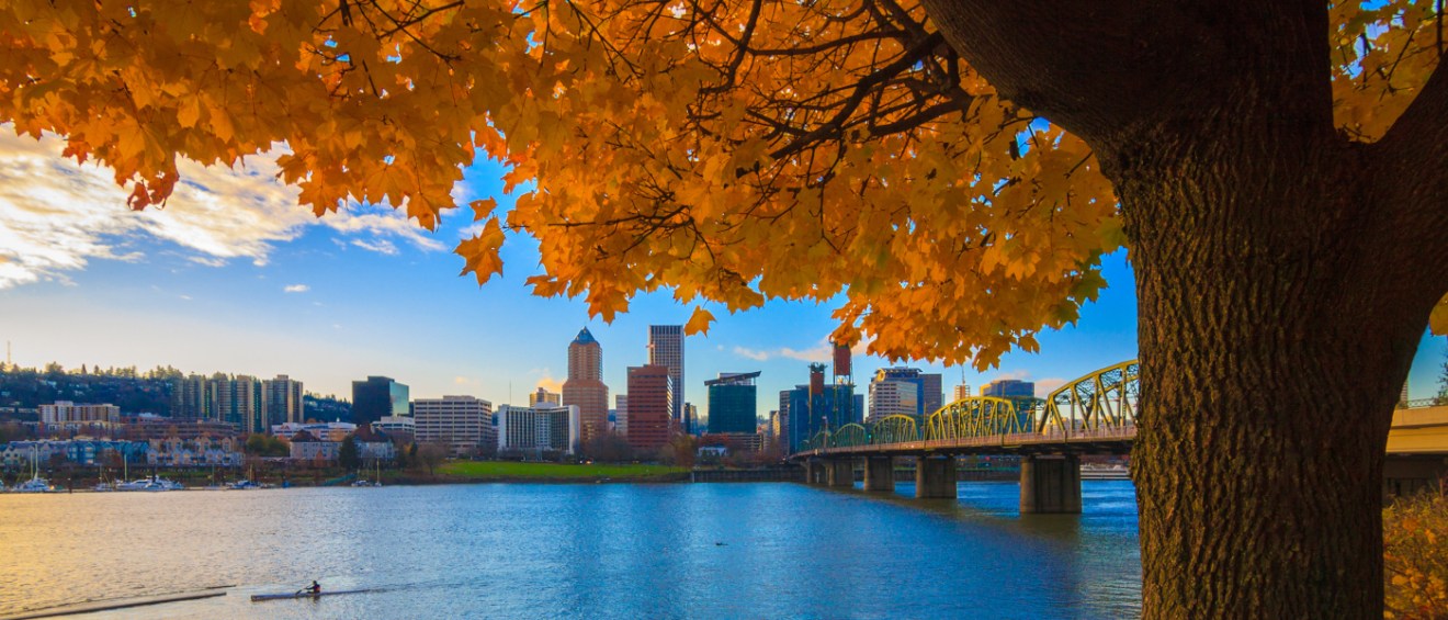 View Of Portland Oregon Overlooking The Willamette River and Hawthorne Bridge