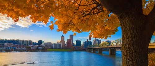 View Of Portland Oregon Overlooking The Willamette River and Hawthorne Bridge