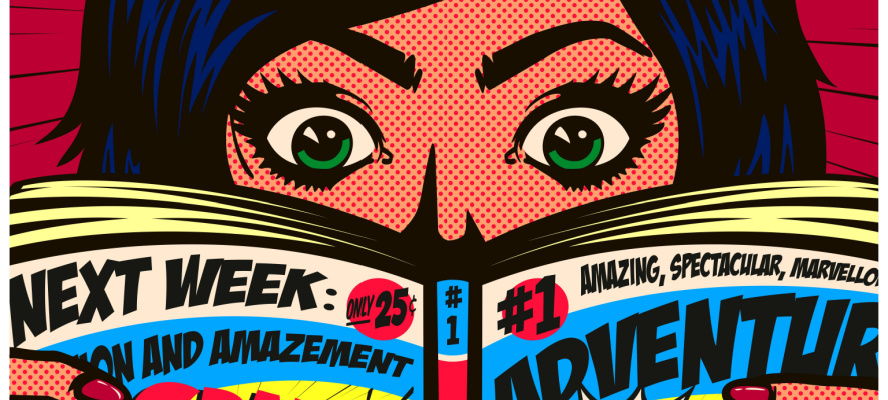 Pop art comics style excited girl reading comic book or adventure graphic
