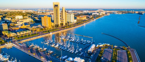 sunny morning over corpus christi texas bayfront harbor with boats docked