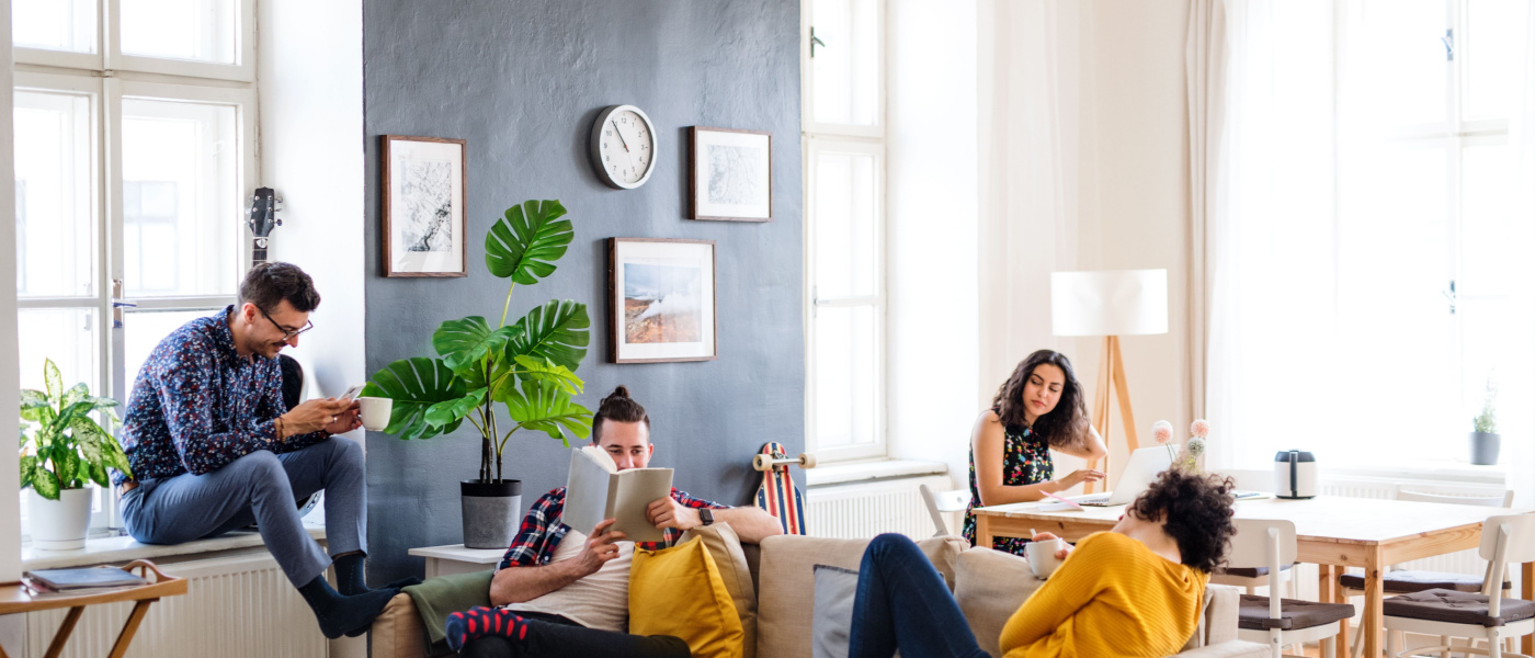 group of students studying and living together