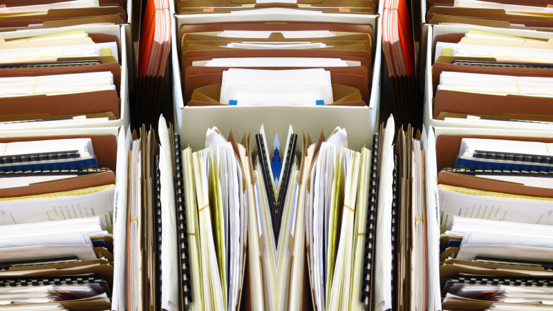 Business files arranged and organized in boxes folders