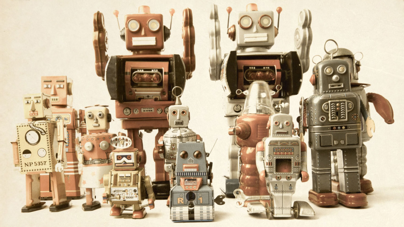 a team of vintage robot toys