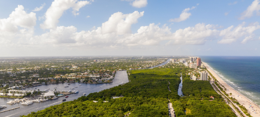 Aerial view of Hugh Taylor Birch State Park Beach in Fort Lauderdale, FL