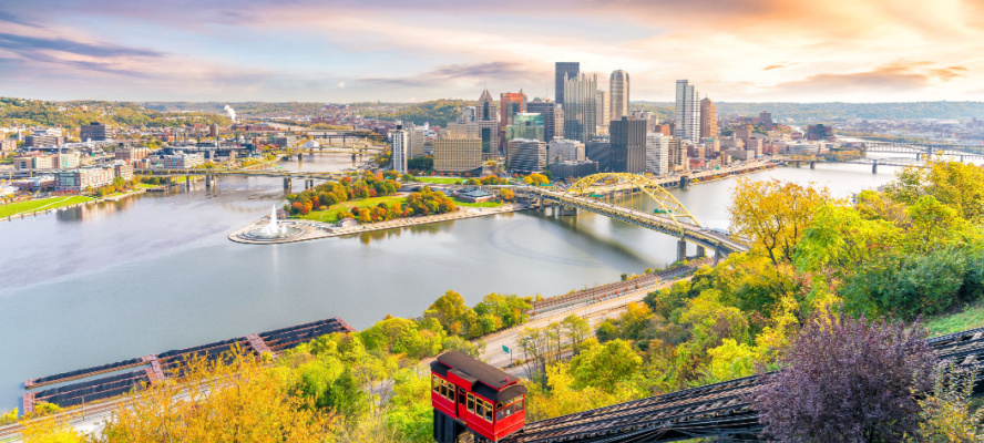 Downtown skyline of Pittsburgh, PA at sunset