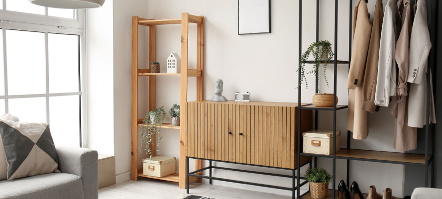 Interior of stylish living room with wooden cabinet, shelving unit and armchair
