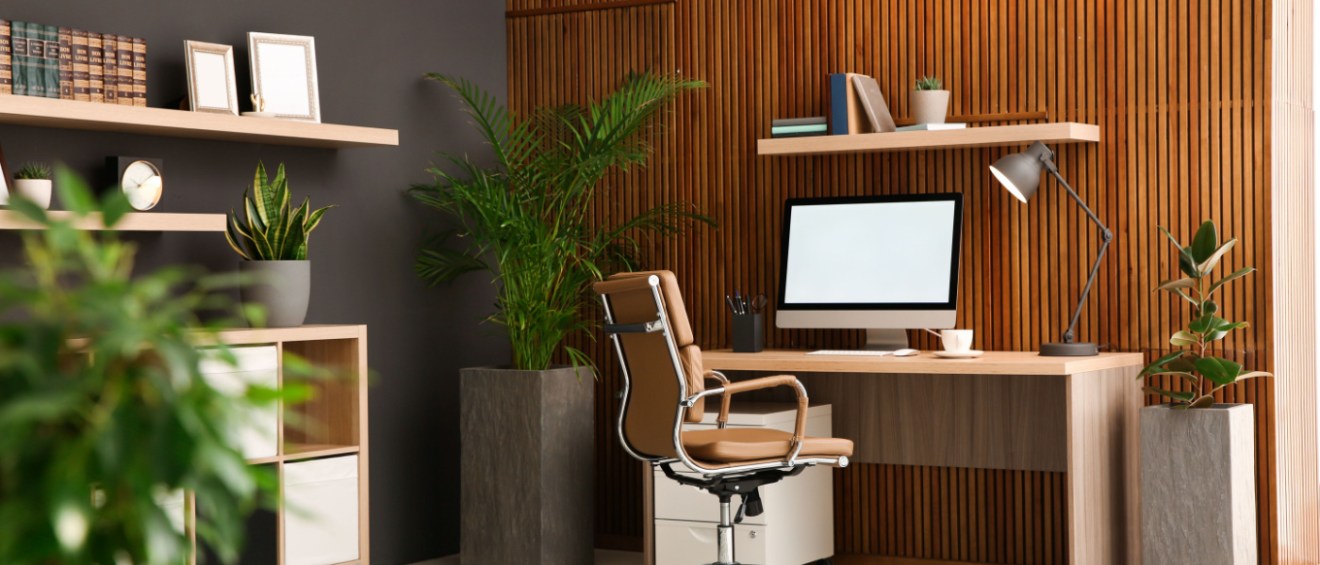 home office with a computer and plants around