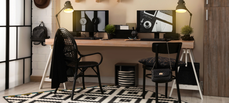 cozy home office with rugs and warm lighting 