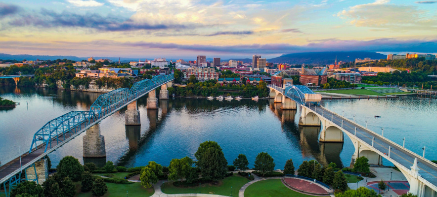 view of bridge in Chattanooga, Tennessee during sunset 