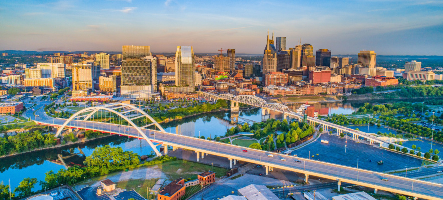view of bridge in Nashville, Tennessee during sunset