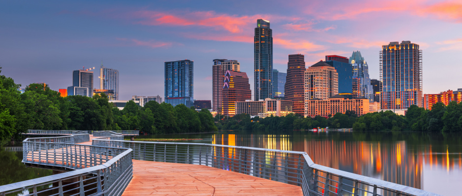 Austin TX skyline at sunset.