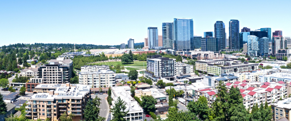 Bellevue, WA, skyline with panoramic urban cityscape.