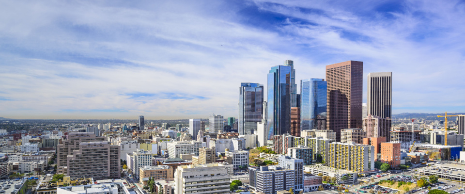 Downtown Los Angeles' skyline on a sunny day.