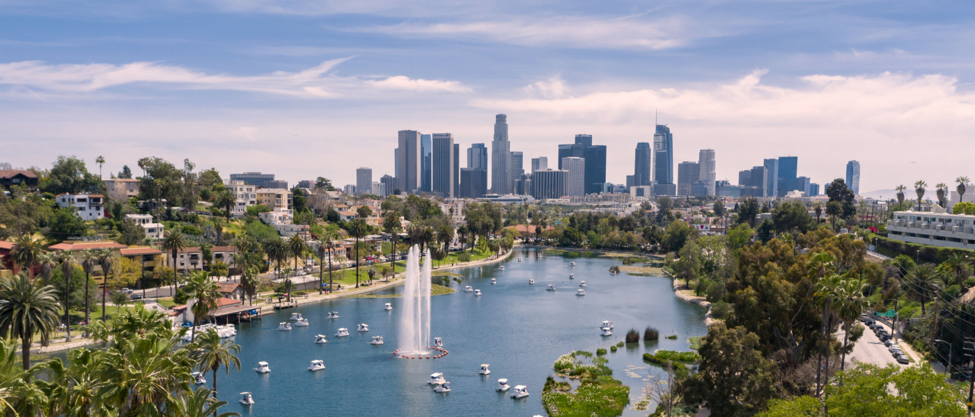 Aerial view of Echo Park with downtown Los Angeles in the background.