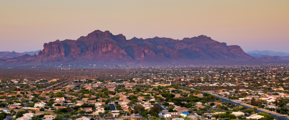 Landscape photo taken at sunset from Brown Mountain looking at the Superstition Mountains in Mesa, AZ.