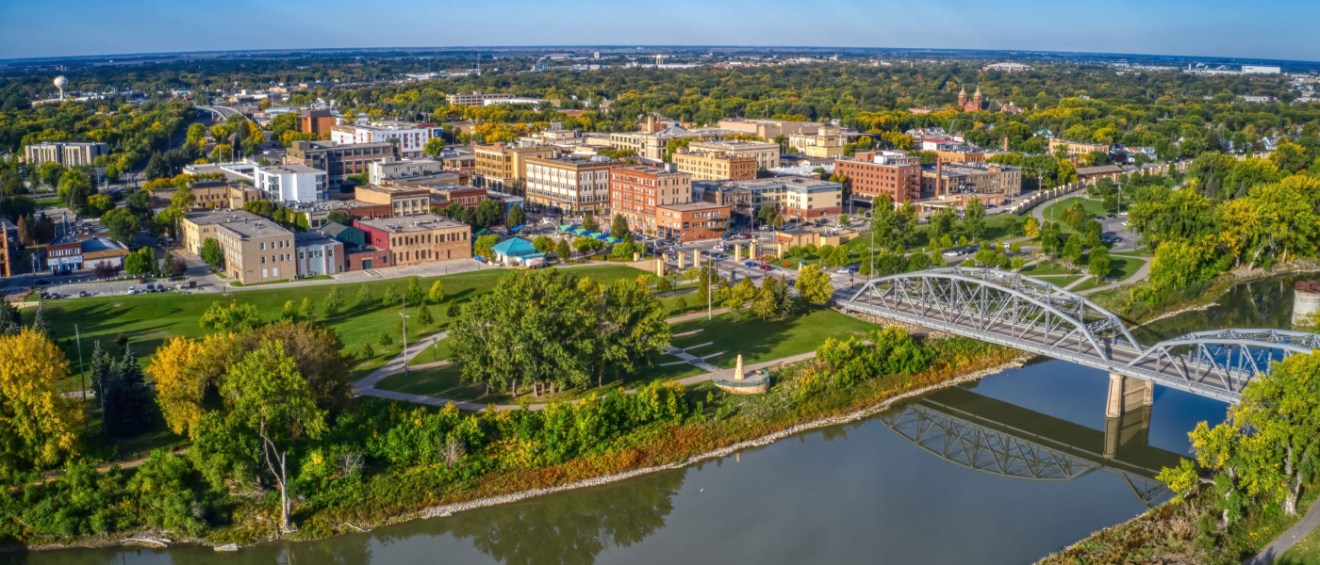 aerial view of a city in North Dakota in autumn