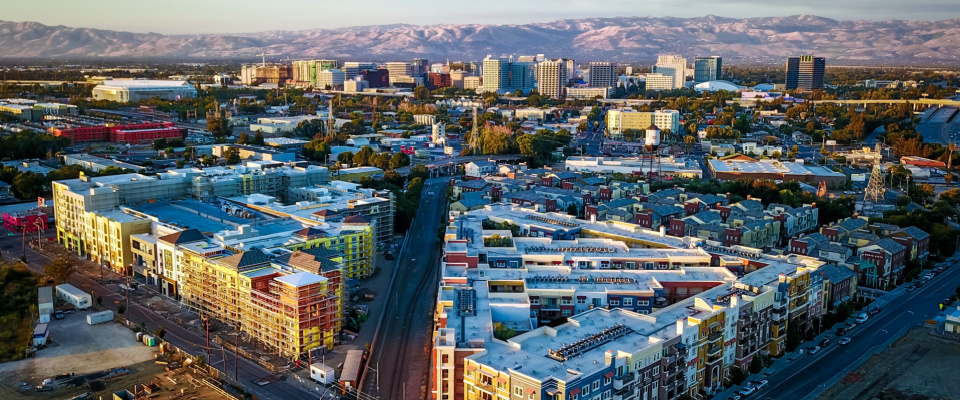 Downtown San Jose CA skyline view from a residential neighborhood.