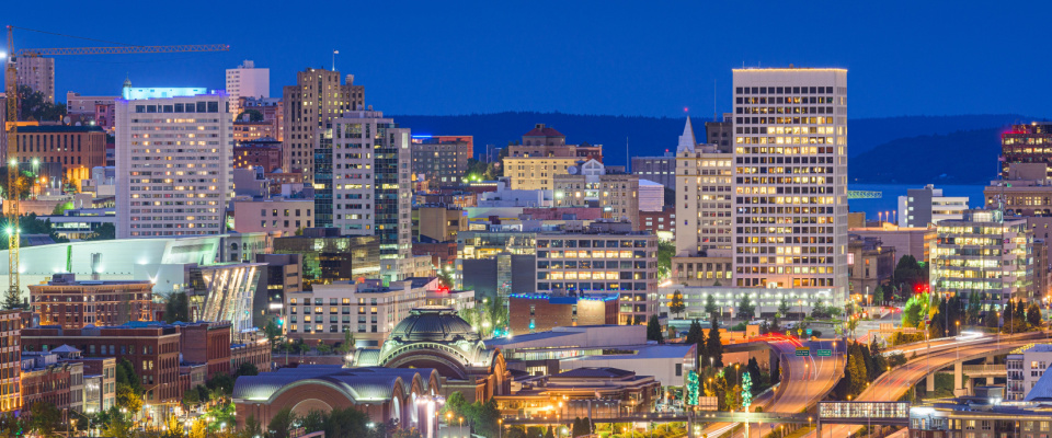 Tacoma, WA, skyline at night.