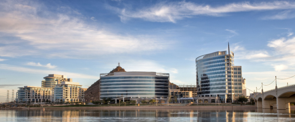 Tempe Town Lake with downtown Tempe, AZ, in the background.