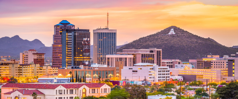 Tucson, AZ, at sunset, with Sentinel Peak in the background.