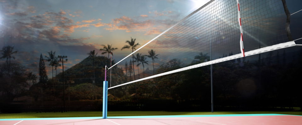 Empty volleyball court at night time.