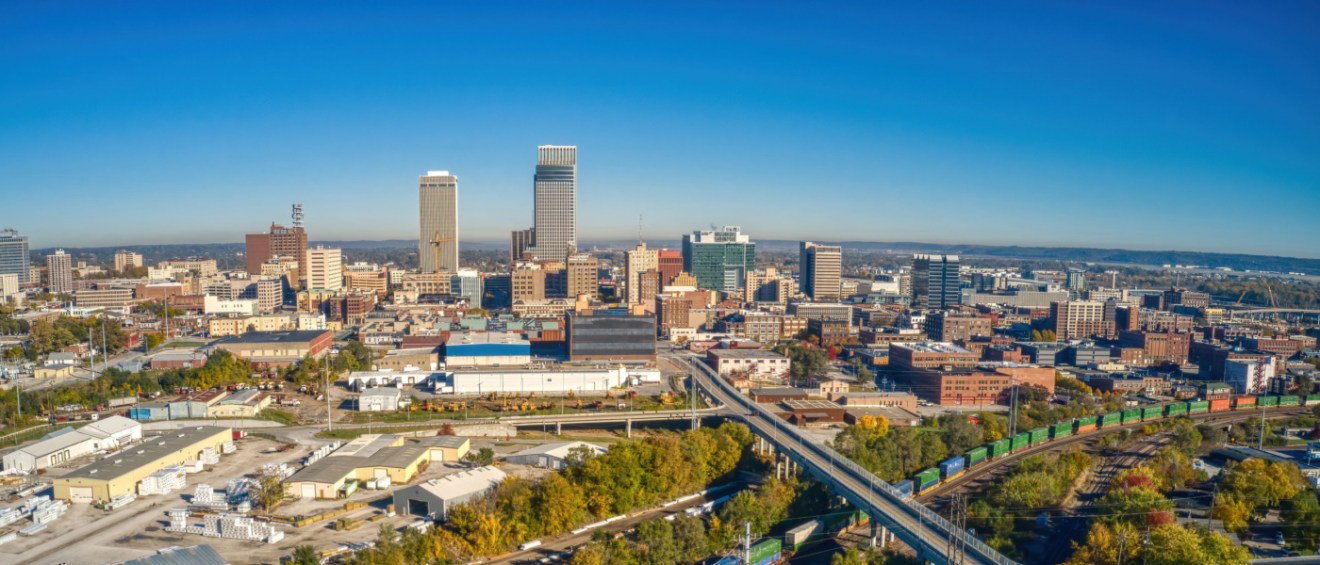 Aerial View of Downtown Omaha, NE, in fall season.