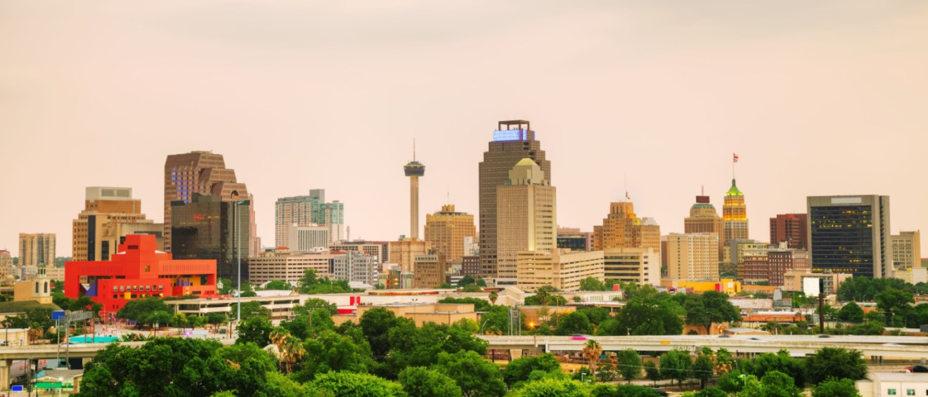 San Antonio, TX, skyline at sunset.