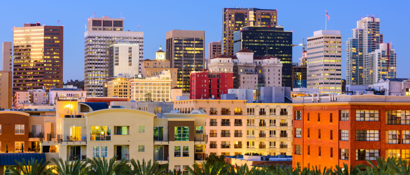 San Diego CA cityscape at sunset.