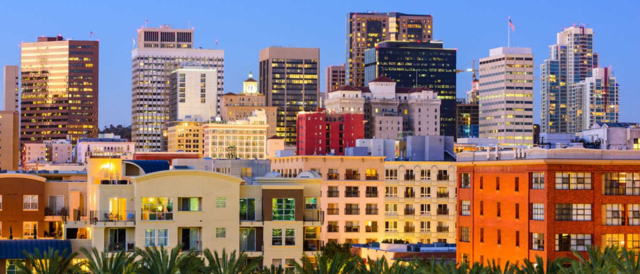 San Diego CA cityscape at sunset.