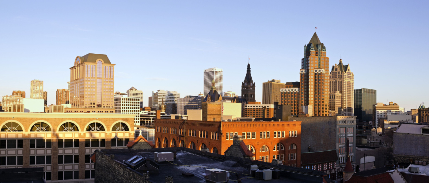 Sunset light over the skyline of downtown Milwaukee