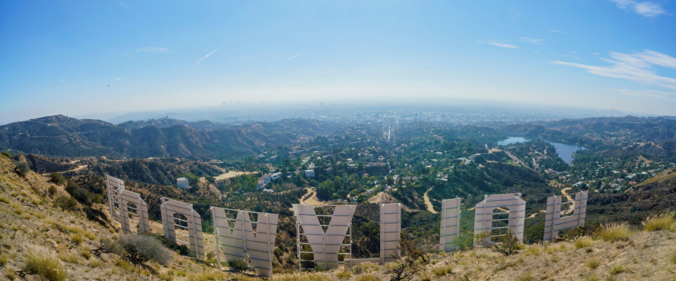 Aerial view of the Hollywood sign and cityscape at California