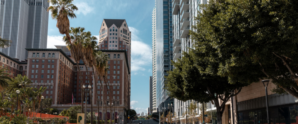 view of empty los angeles street with buildings in the background