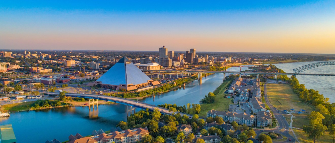 aerial view of buildings downtown Memphis, TN, and connecting bridged over the Wolf River Harbor