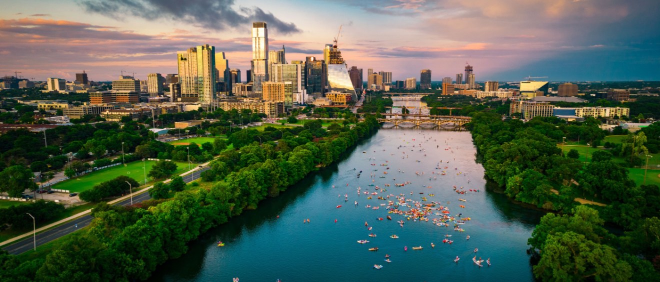 colorful skyline at golden hour blue and pink clouds over Austin Texas USA