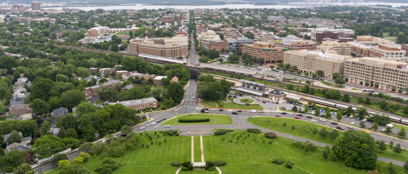 The skyline of Alexandria, Virginia, including Old Town Alexandria and the Potomac River, as seen from the George Washington Masonic Temple.